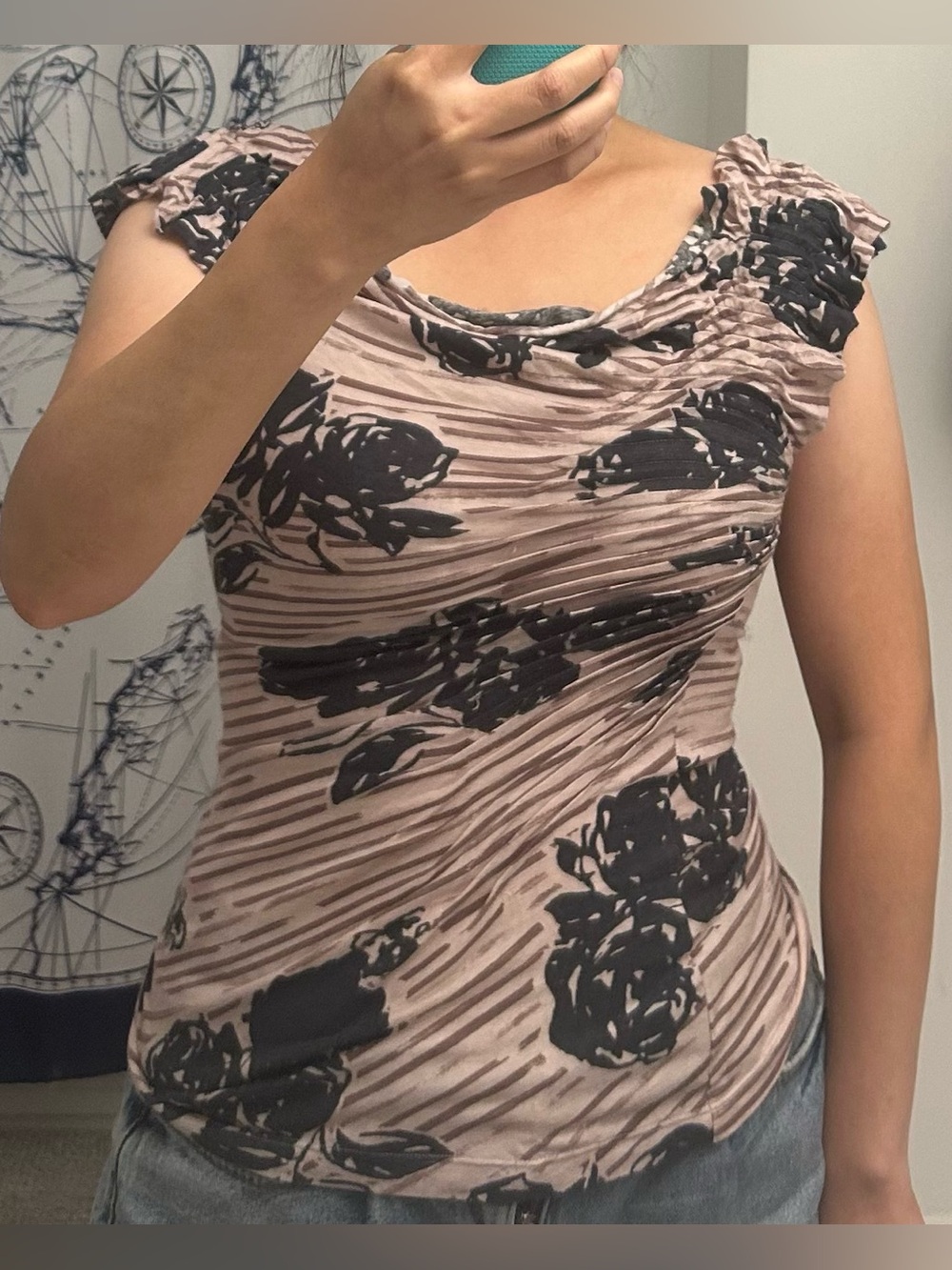 Anthropologie Floral Ruched Neck Flutter Sleeve Top XS